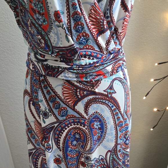 Perceptions Large - Tie Back Dress - Midi - Blue/White/Red Paisley - EUC - Picture 2 of 3